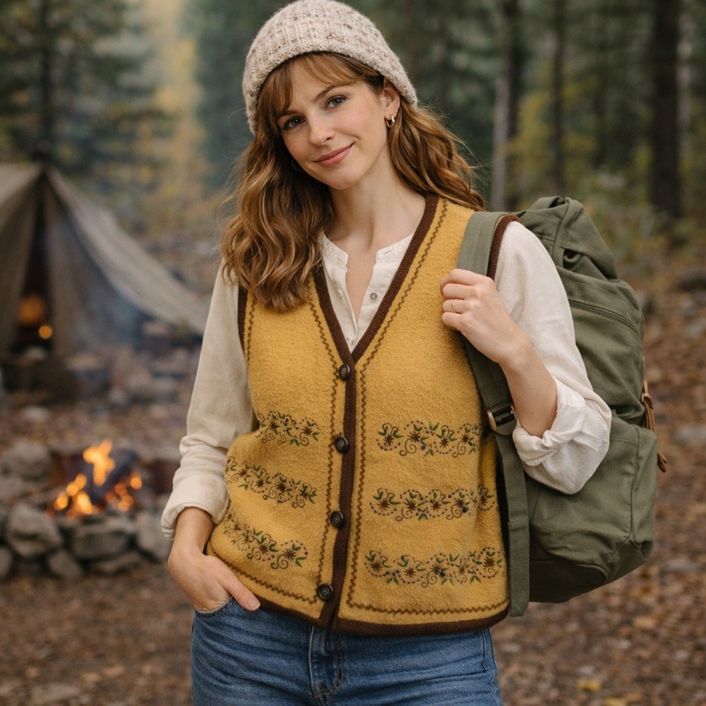 Eagles Eye Embroidered Wool Sweater Vest Womens Size L Boho Alpine Granola VTG